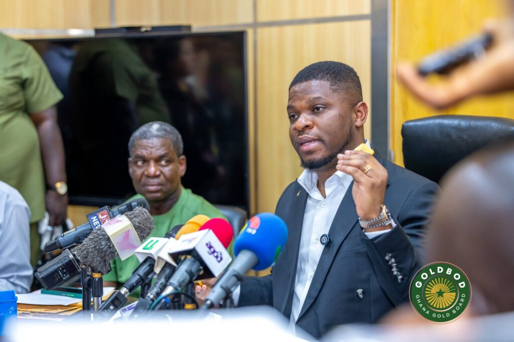 Sammy Gyamfi Esq, CEO of the Ghana Goldbod addressing the media after the busts