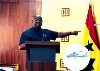 Captain Paul Forjoe, leading the presentation of the August 6, 2025 Helicopter Crash Report at the Jubilee House