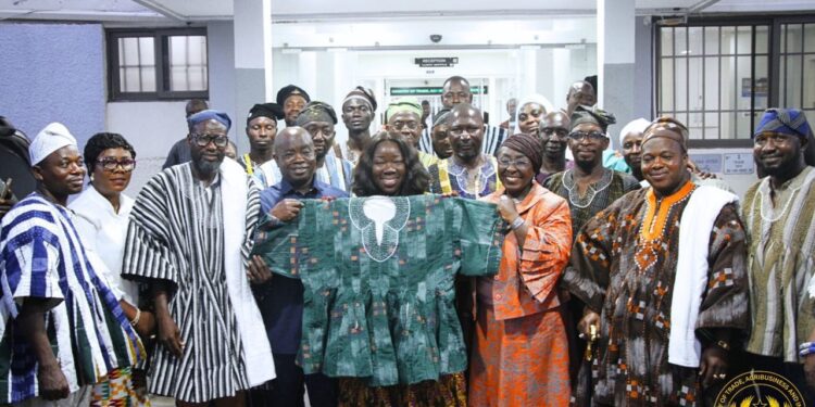 Hon. Elizabeth Ofosu-Adjare, Minister for Trade, Agribusiness and Industry, with Hon. Abla Dzifa Gomashie, Minister for Tourism, Culture and Creative Arts, and Smock Producers and Dealers