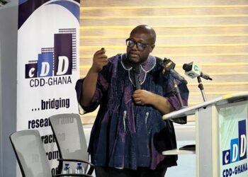 Director of Advocacy and Policy Engagement at CDD-Ghana, Dr Kojo Pumpuni Asante, speaking at the CDD-Ghana’s First-Year Assessment Report on the Mahama Administration.