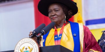 Ghana’s Vice President, Professor Naana Jane Opoku-Agyemang, speaking at the University of Cape Coast's special congregation for the confernment of the Distinguished Fellow Award on her