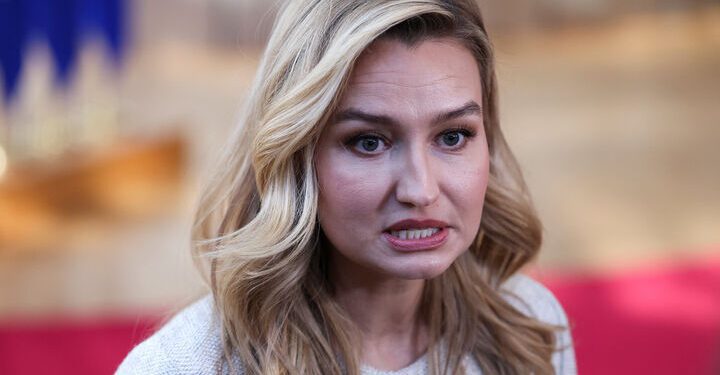 Swedish Minister for Energy, Business and Industry Ebba Busch speaks to members of the media as she arrives to attend a European Union Energy meeting in Brussels, Belgium, March 16, 2026. REUTERS/Omar Havana/File Photo