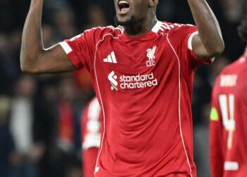 Ibrahima Konaté urging the Anfield crowd