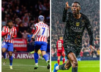 Split image of Lookman, Griezmann for Atletico Madrid and Dembele (PSG)