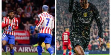 Split image of Lookman, Griezmann for Atletico Madrid and Dembele (PSG)