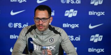 Chelsea head coach Liam Rosenior seated at the press room for his pre-match presser ahead of Brighton game