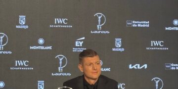 Toni Kroos speaks to the media during the Laureus World Sports Awards ceremony in Madrid