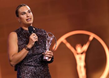 Aryna Sabalenka gives acceptance speech after winning the Laureus World Sportswoman of the Year award on stage during the Laureus World Sports Awards Madrid 2026 on April 20, 2026 in Madrid, Spain. (Photo by Pablo Cuadra/Getty Images for Laureus)