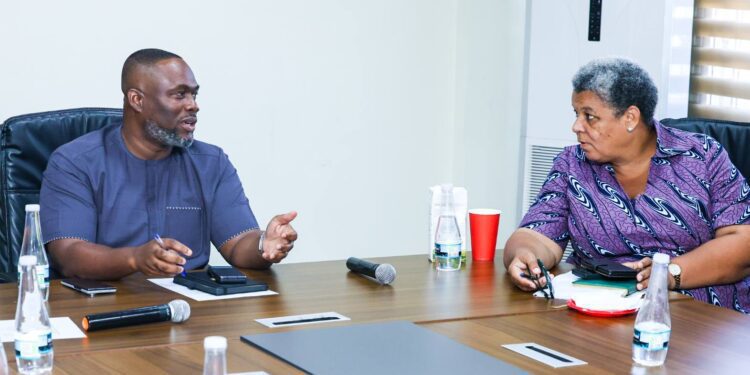Minister for Works and Housing, Kenneth Gilbert Adjei, together with Deputy Minister Gizella Tetteh-Agbotui, at a high-level meeting with heads of agencies and engineering entities