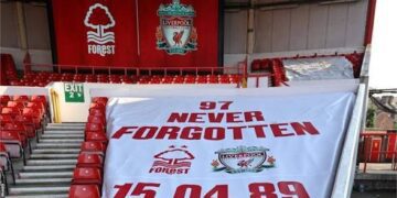 A banner at Anfield remembering the 97 people who lost their lives in the Hillsborough Disaster in 1989