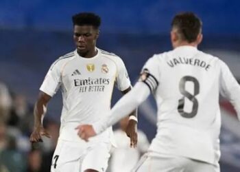 Aurelien Tchouaméni and Federico Valverde (Number 8) both in action for Real Madrid at the Santiago Bernabeu