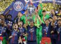 PSG captain, Marquinhos lifts the Uefa Champions League title after beating Arsenal in the final in Budapest