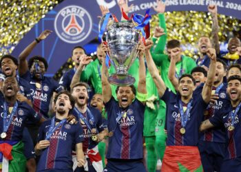 PSG Beat Arsenal to Retain the Champions League Title 4 PSG captain, Marquinhos lifts the Uefa Champions League title after beating Arsenal in the final in Budapest