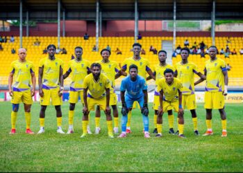 Medeama SC players pose for a pre-match team photo at the TnA Stadium in Tarkwa