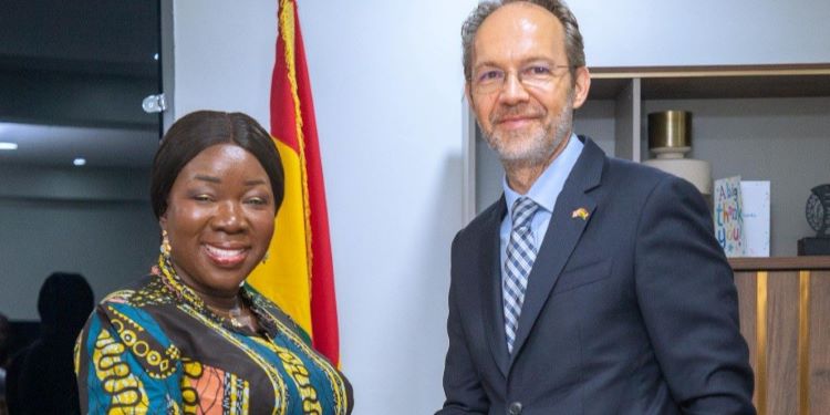 Hon. Elizabeth Ofosu-Adjare, Minister for Trade, Agribusiness, and Industry, with H.E. Christian Rogg, UK High Commissioner to Ghana