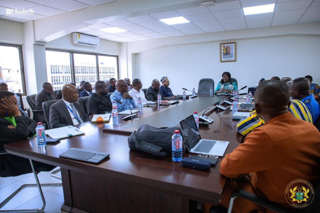 Trade Ministry Enforces Hardline Raw Rubber Export Ban to Anchor Value Chain 2 Hon. Elizabeth Ofosu Adjare Minister for Trade Agribusiness and Industry with Industry Stakeholders in Rubber Export Ban Meeting 1