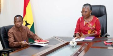 Hon. Emelia Arthur, Minister for Fisheries and Aquaculture Development, with Mr. Lawrence Kannae, Chairman of the Civil Service Council