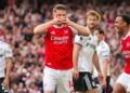 Victor Gyokeres puts up his mask celebration after scoring against Fulham at the Emirates Stadium