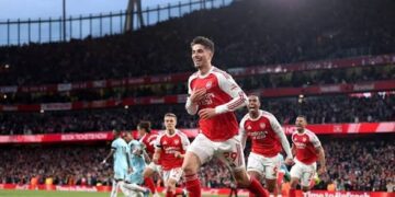 Kai Harvetz leads Arsenal celebrations after scoring against Burnley at the Emirates Stadium