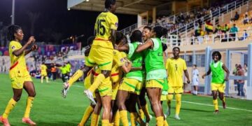 Black Queens celebrate after scoring at the 2025 WAFCON in Morocco