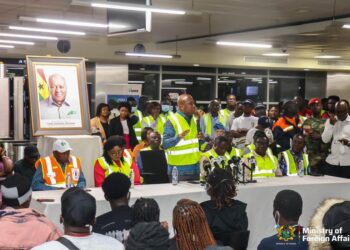 Ghana's Minister for Foreign Affairs, Samuel Okudzeto Ablakwa, leads the Government delegation to welcome Evacuees from South Africa