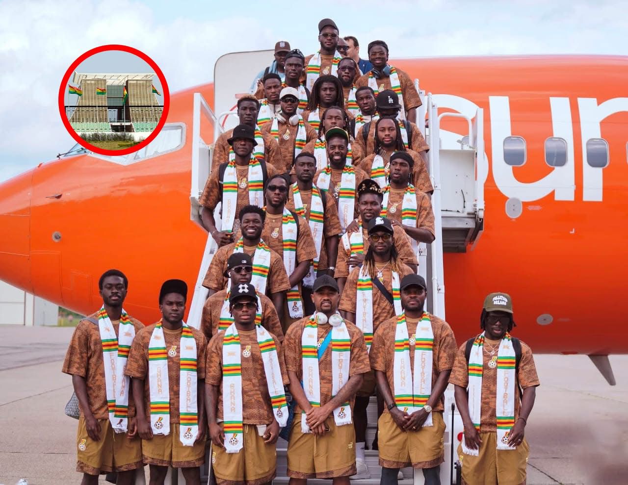 Black Stars team take a photo at the airport upon arrival in Rhodes Island, their official World Cup base in the US