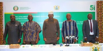 Mr. Kolawole A. Sofola, ECOWAS Director of Trade, Dr. Simeon K. Koffi, ECOWAS Executive Director, Mr. Kofi Addo, ECOWAS Director of Industry, and Mr. Ebo Quayson, Ghana’s Director of Trade Development at MoTAI, Announce ECOMOTI-5