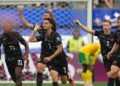 Canada players celebrating after Stephen Eustaquio struck the only goal against South Africa