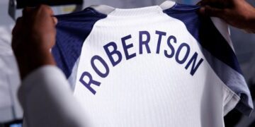 Robertson's name printed at the back of Tottenham Hotspur's home shirt