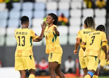 Black Queens players Evelyn Badu and Doris Boaduwaa celebrate a goal
