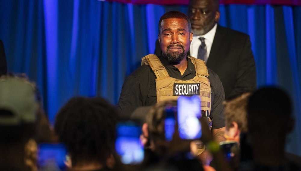 Kanye West makes his first presidential campaign appearance, Sunday, July 19, 2020 in North Charleston, S.C. Rapper Kanye West, in his first event since declaring himself a presidential candidate, delivered a lengthy monologue Sunday touching on topics from abortion and religion to international trade and licensing deals. Whether he's actually seeking the nation's highest office remains a question. (Lauren Petracca Ipetracca/The Post And Courier via AP)