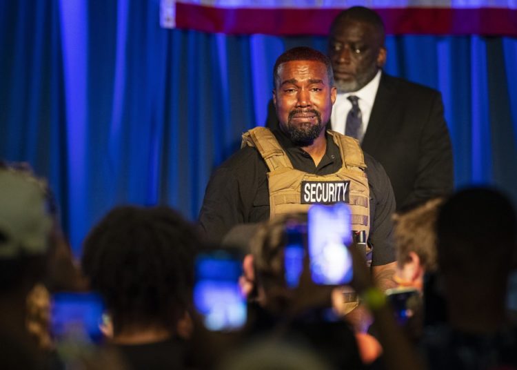Kanye West makes his first presidential campaign appearance, Sunday, July 19, 2020 in North Charleston, S.C. Rapper Kanye West, in his first event since declaring himself a presidential candidate, delivered a lengthy monologue Sunday touching on topics from abortion and religion to international trade and licensing deals. Whether he's actually seeking the nation's highest office remains a question. (Lauren Petracca Ipetracca/The Post And Courier via AP)