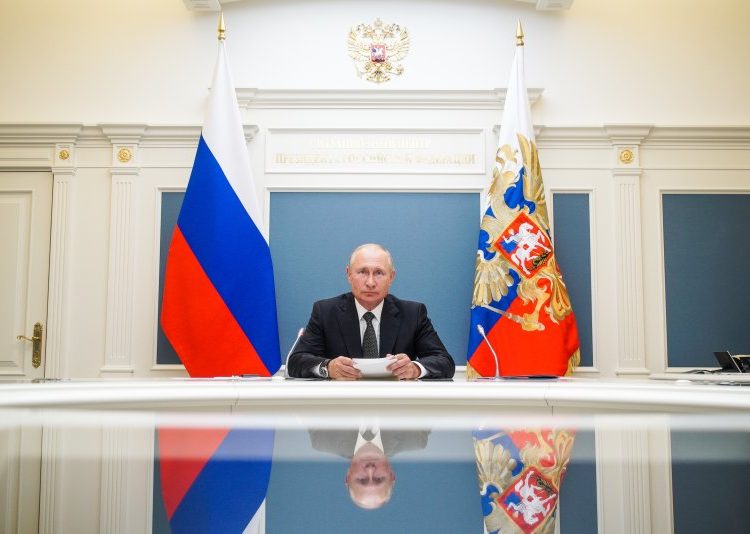 MOSCOW, RUSSIA - JUNE 30, 2020: Russia's President Vladimir Putin attends via video link the inauguration ceremonies for new medical centres built by Russia's Defence Ministry in Dagestan, Voronezh Region, and Penza Region. Alexei Druzhinin/Russian Presidential Press and Information Office/TASS (Photo by Alexei DruzhininTASS via Getty Images)