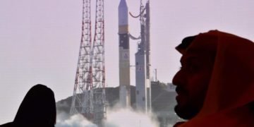 A broadcasting of the launch of the Hope Mars probe at the Mohammed Bin Rashid Space Centre in Dubai. AFP