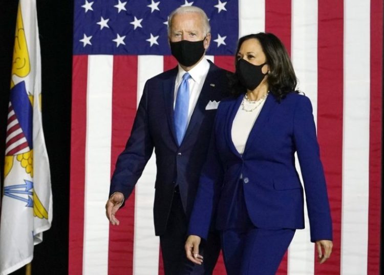 Biden and Harris make first appearance as running mates. Image credit: Associated Press