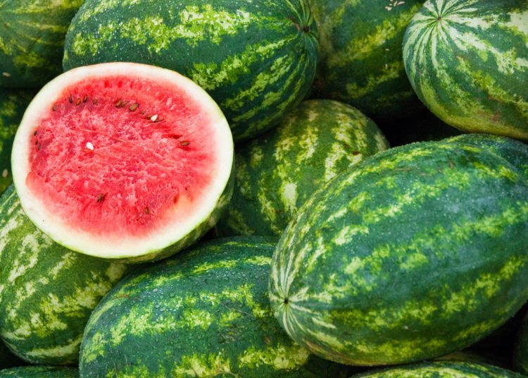 Pile of melons in stall  with one cut for viewing.