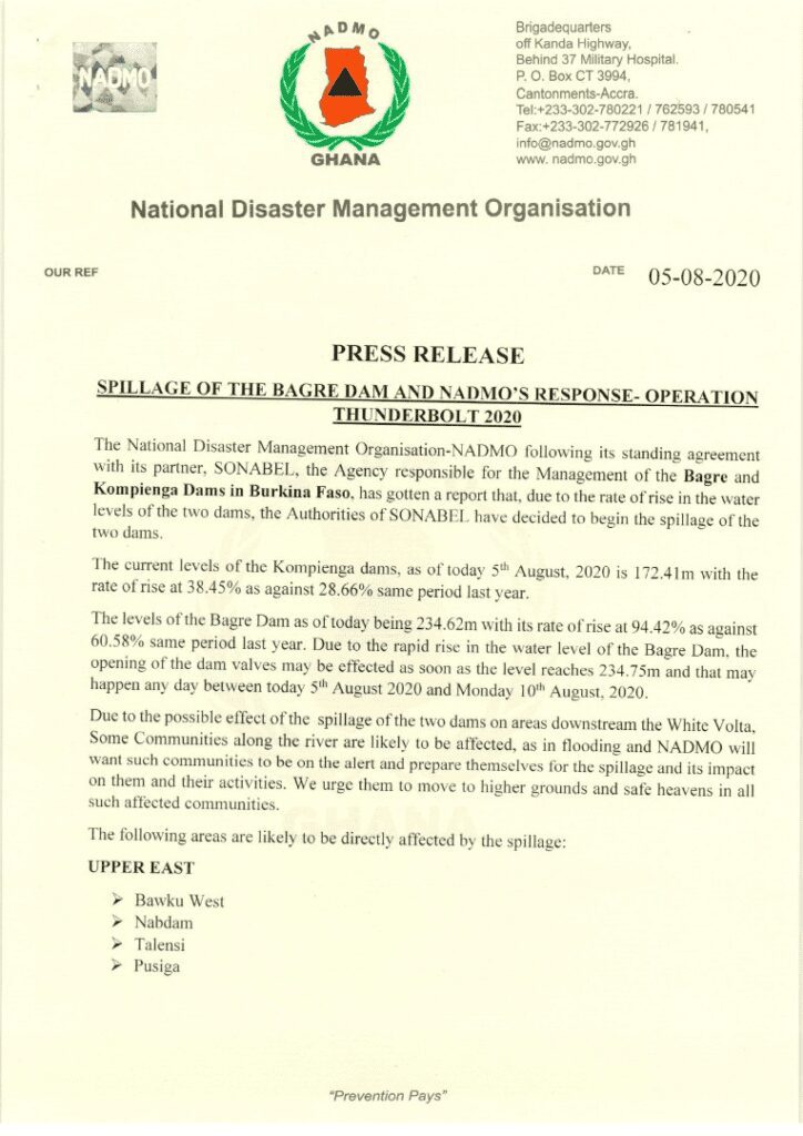 Be on The Alert! -NADMO Warns Residents Up North on Incoming Spillage. 2 image
