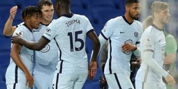 Chelsea celebrate Reece James stunner. Image credit: Skysports
