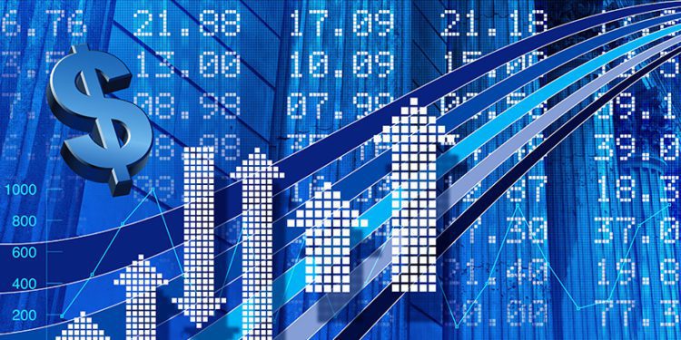 Financial business themed illustration with financial numbers and US dollar symbol in blue