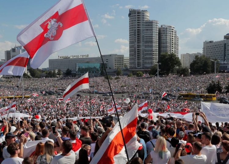 Protests against Belarus President. Image: Reuters