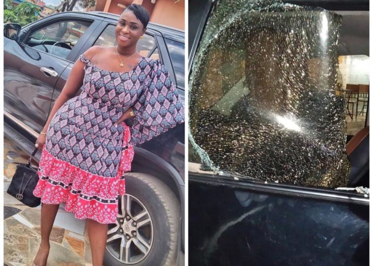 BIBI BRIGHT'S CAR VANDALISED BY NDC SUPPORTERS 1 Actress and staunch New Patriotic Party supporter, Bibi Bright, has had her plush car vandalized by some men wearing National Democratic Congress-branded t-shirts.