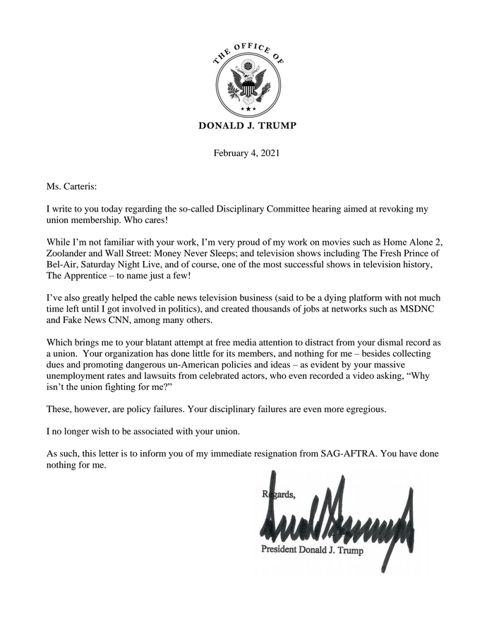 donald trumps letter to sag data