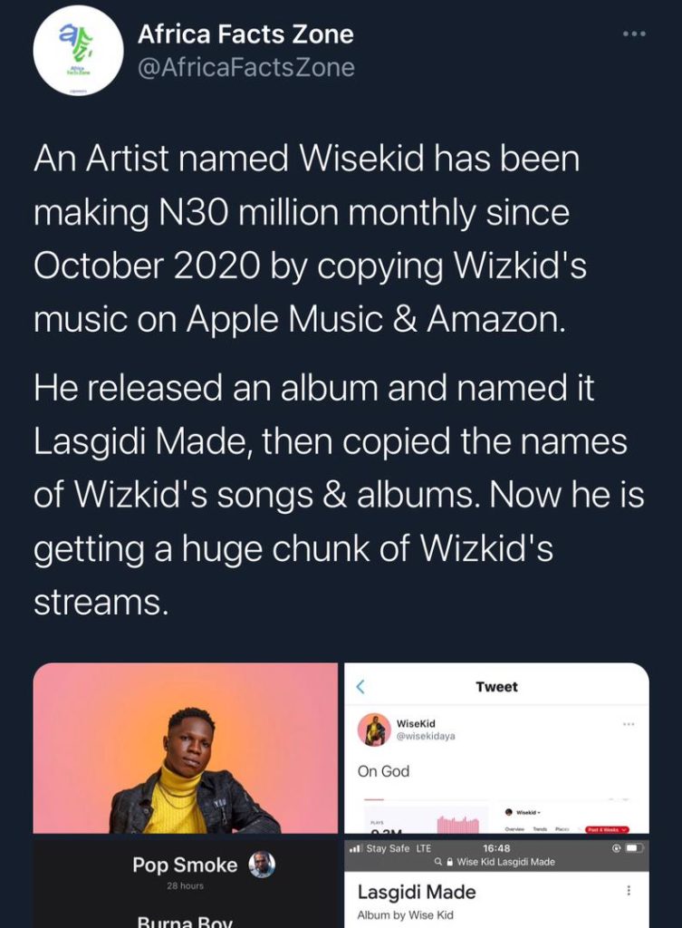 Wisekid whose real name is Hosea Yohanna has been alleged to have uploaded a replica of Wizkid's 'Made in Lagos' album on apple music, thereby diverting traffic to his music. 