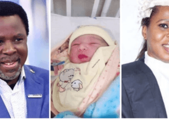 A collage of late TB Joshua, the new baby and Sarah Joshua.