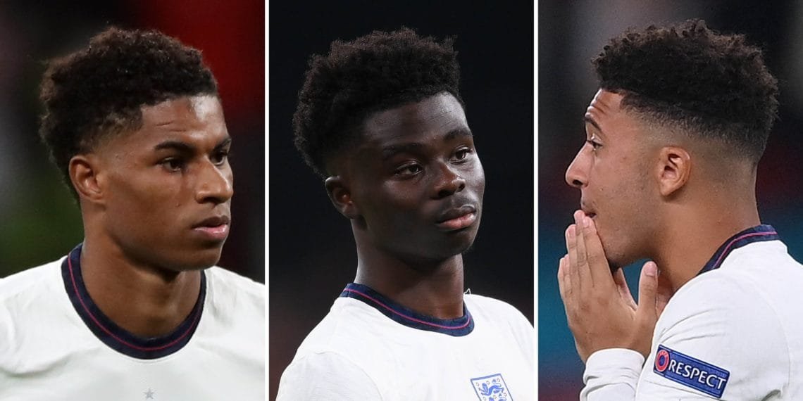 A giant digital mural has been unveiled in Manchester in support of England stars Marcus Rashford, Jadon Sancho, and Bukayo Saka.
