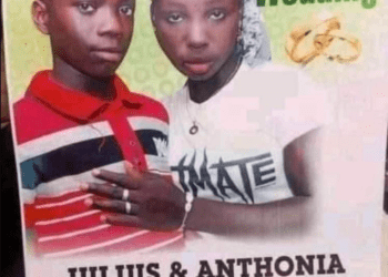 netizens have expressed outrage after photos of an underage ''married couple'' were shared online. The boy named Julius allegedly got married to a girl named Anthonia