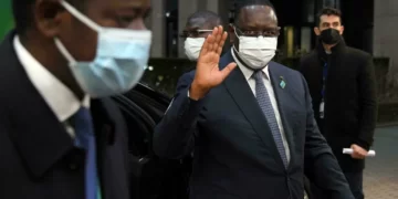 Senegal's President Macky Sall arrives for the second day of an EU-African Union summit at the European Council Building in Brussels, Belgium on February 18, 2022. © John Thys, Reuters