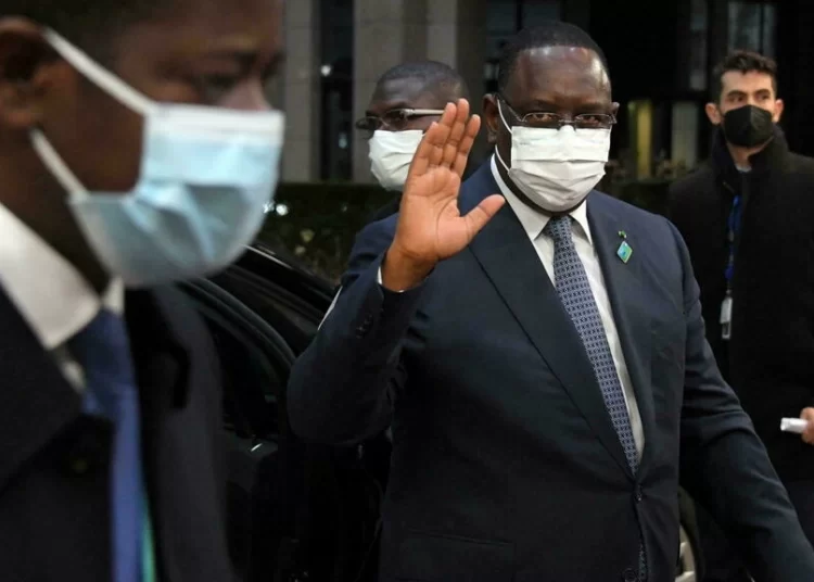 Senegal's President Macky Sall arrives for the second day of an EU-African Union summit at the European Council Building in Brussels, Belgium on February 18, 2022. © John Thys, Reuters