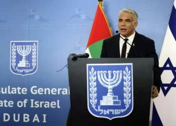 Israel's Foreign Minister Yair Lapid gives a press conference at the new Israeli consulate