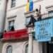 Protesters have draped Ukrainian flags over the property, which is believed to be owned by Oleg Deripaska